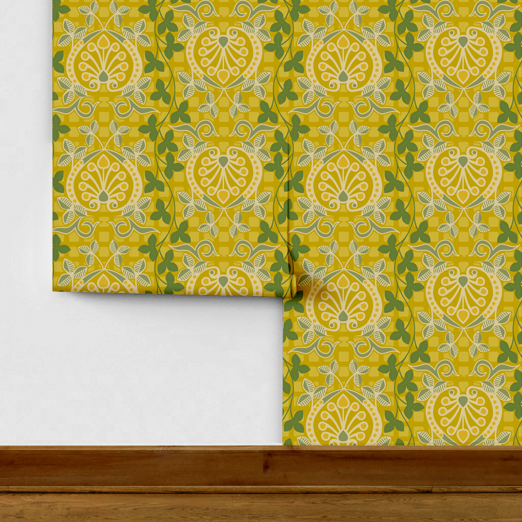 Pomegranate is a seamless repeating pattern featuring stylized heart-shaped floral motifs. Each motif has a central symmetrical design with curling tendrils and small circular shapes radiating from a rounded base. Surrounding these heart-shaped forms are pale green leaves and vines that interlock smoothly, creating an intricate lattice effect. The background is a deep blue, enriched by a subtle checkerboard texture that adds depth and contrast. The overall composition is balanced and harmonious, with elegant curves and a vintage aesthetic reminiscent of traditional textile designs. The dominant colors are dark blue, olive green, and muted beige, highlighting the natural and ornamental qualities of the pattern.